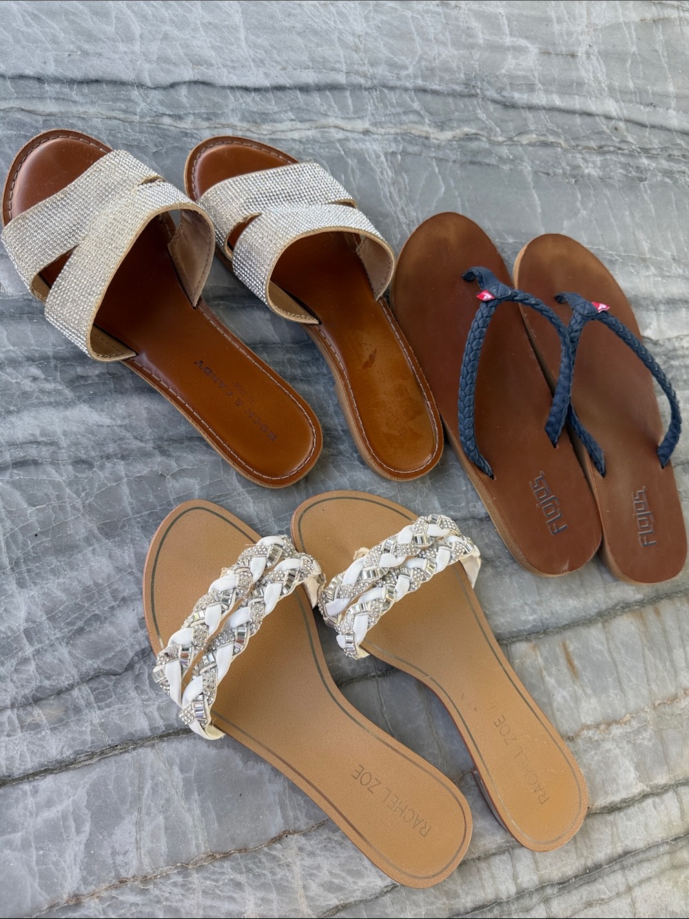 3 pair of sandals, Franco Sarto Tan Slide Sandals with White Braided Straps